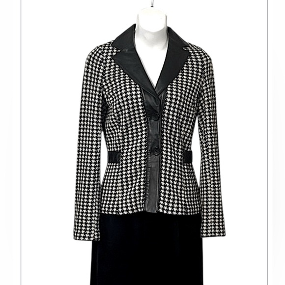 Classiques Entier Wool Leather Houndstooth Knit Blazer Fitted Cardigan Sweater